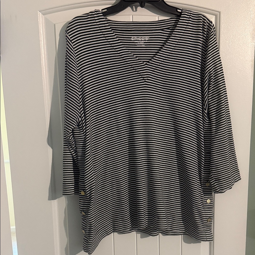 Chico's Black and White Striped V-Neck Long Sleeve Top